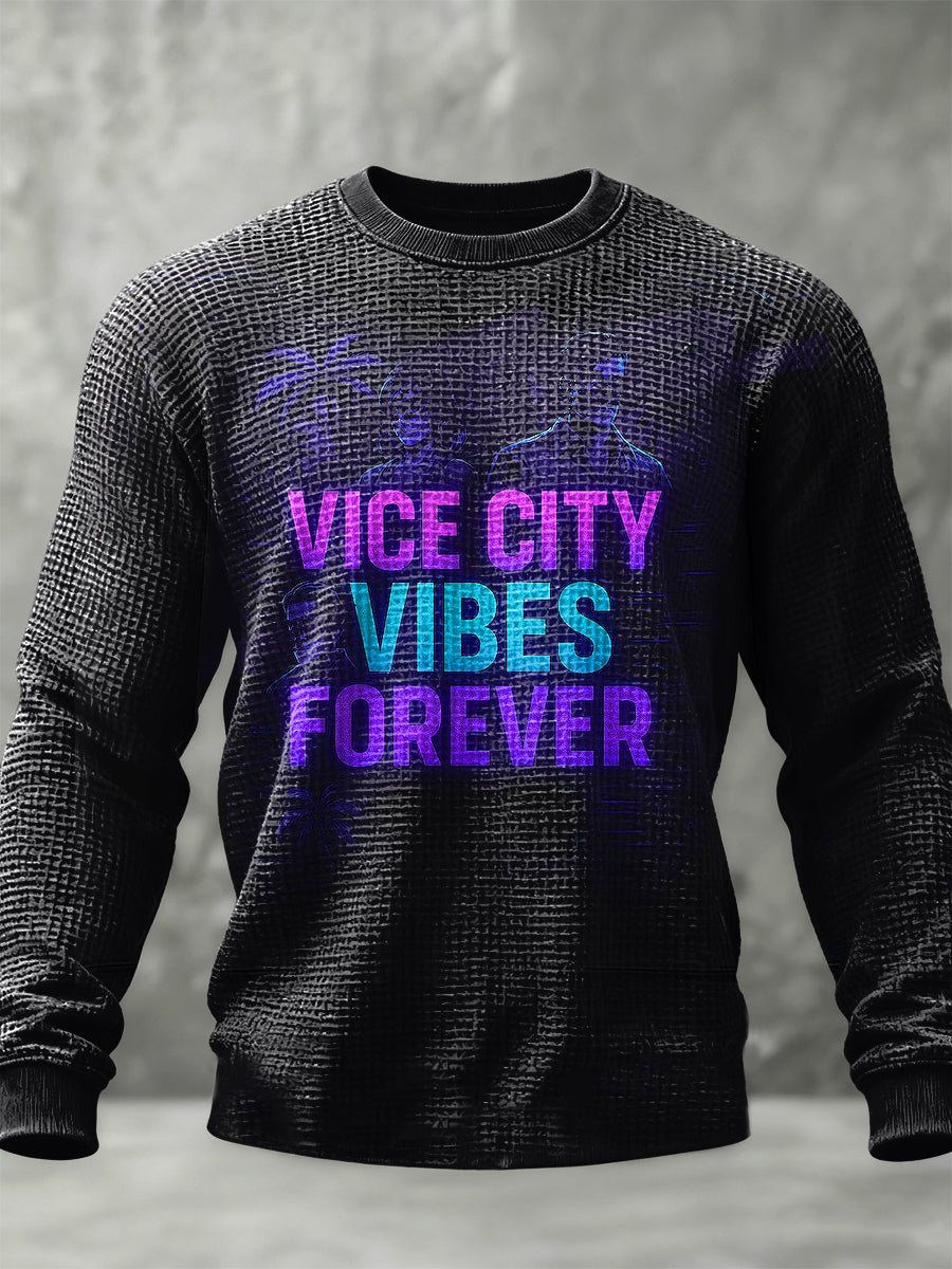 Retro vice city vibes forever casual waffleweave crewneck sweatshirt