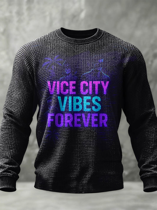 Retro vice city vibes forever casual waffleweave crewneck sweatshirt