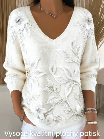 Dámské třpytky květinová tisk móda v krku svetr