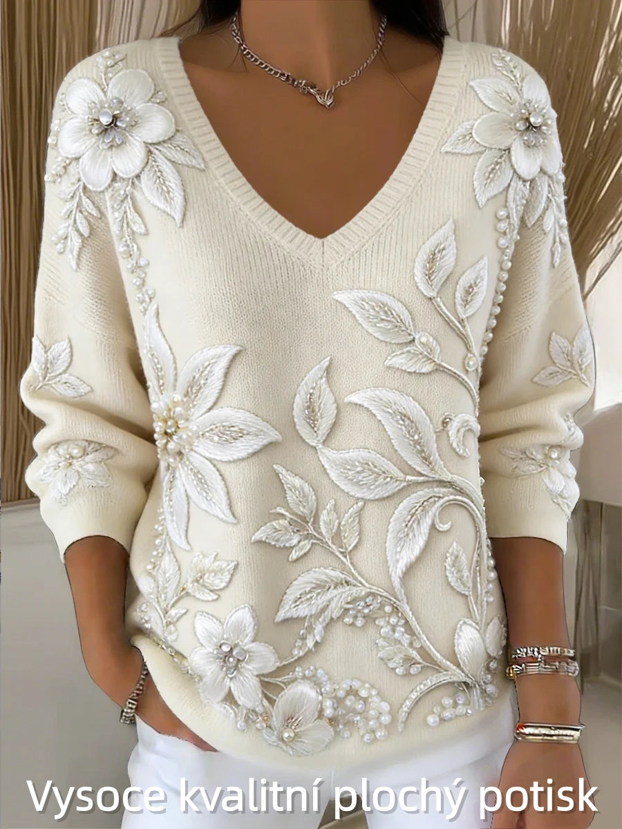 Dámské třpytky květinová tisk móda v krku svetr