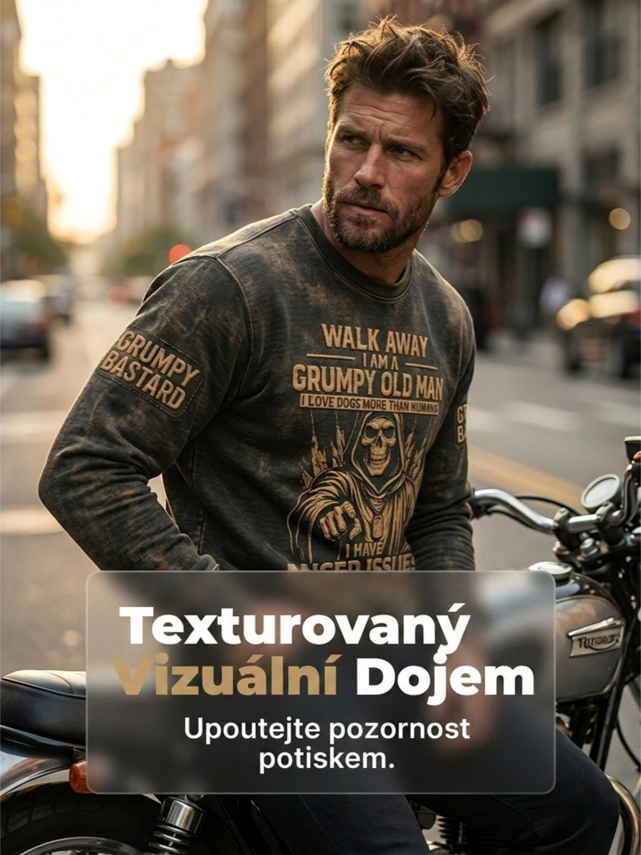 Pánské drsný starý muž vytištěný vafle dlouhými rukávy s kulatým krkem sweatshirt