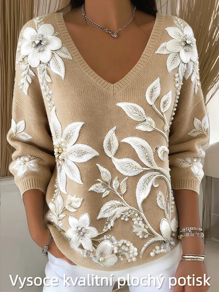 Dámské třpytky květinová tisk móda v krku svetr
