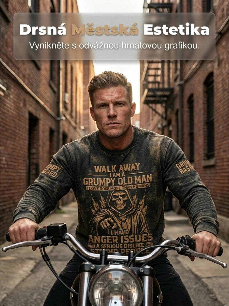 Pánské drsný starý muž vytištěný vafle dlouhými rukávy s kulatým krkem sweatshirt