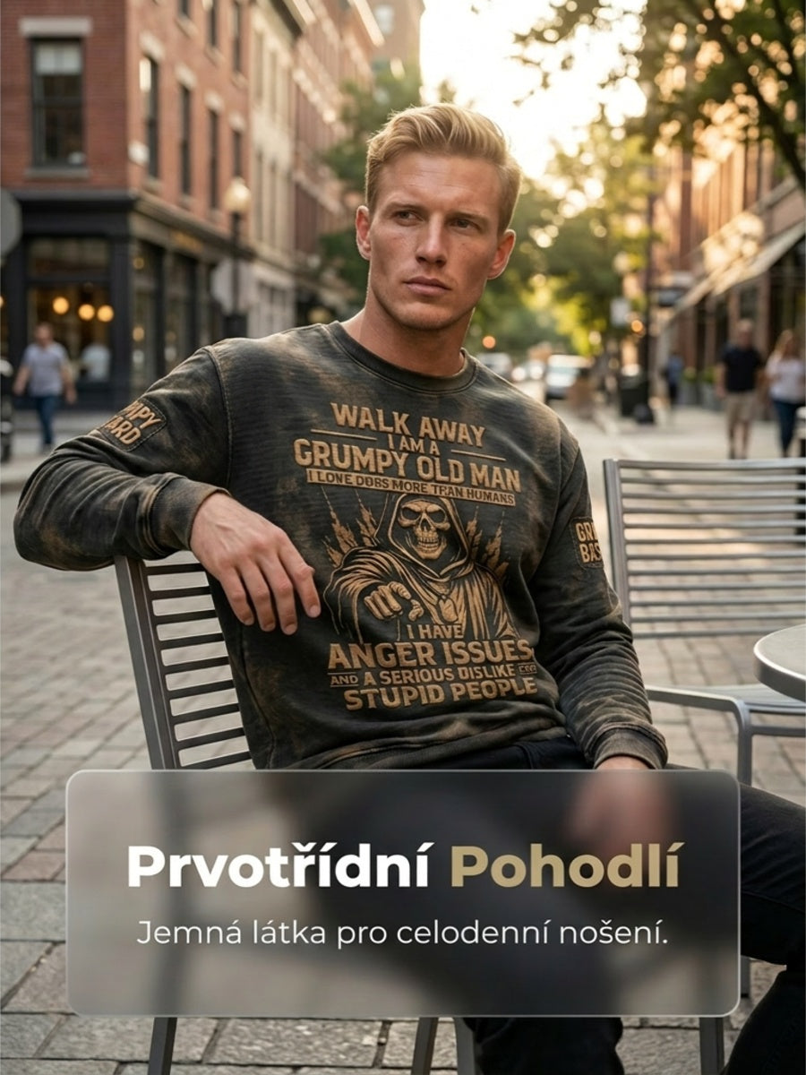 Pánské drsný starý muž vytištěný vafle dlouhými rukávy s kulatým krkem sweatshirt