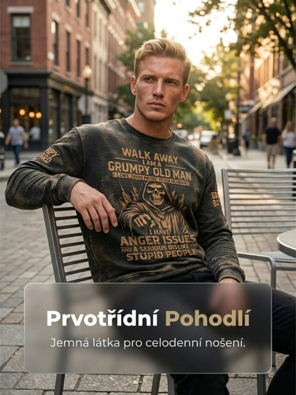 Pánské drsný starý muž vytištěný vafle dlouhými rukávy s kulatým krkem sweatshirt