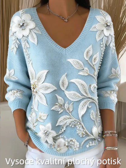 Dámské třpytky květinová tisk móda v krku svetr