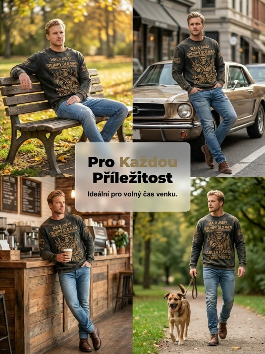 Pánské drsný starý muž vytištěný vafle dlouhými rukávy s kulatým krkem sweatshirt
