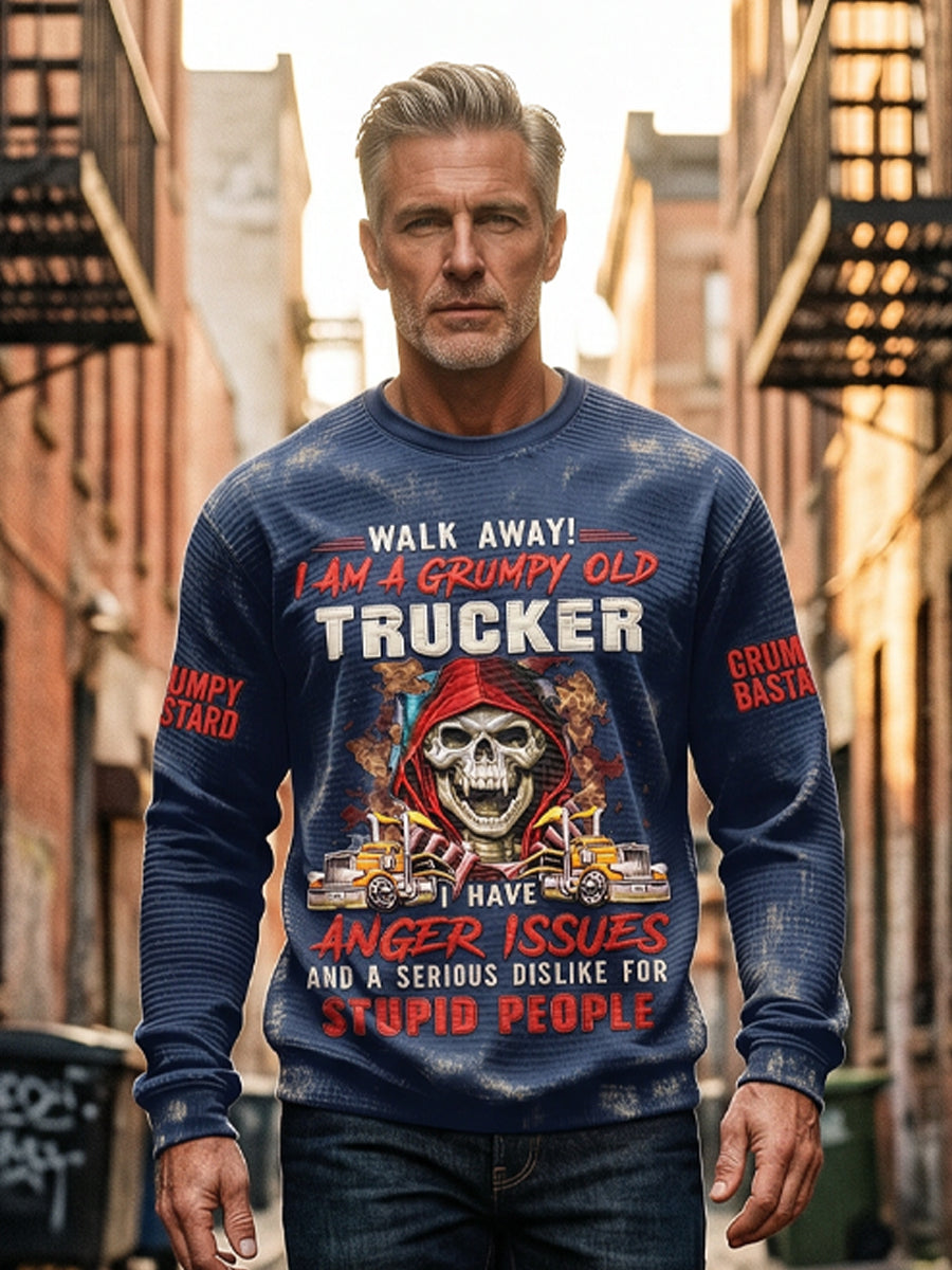 Pánské drsný starý muž vytištěný vafle dlouhými rukávy s kulatým krkem sweatshirt