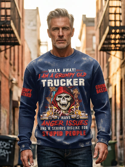 Pánské drsný starý muž vytištěný vafle dlouhými rukávy s kulatým krkem sweatshirt