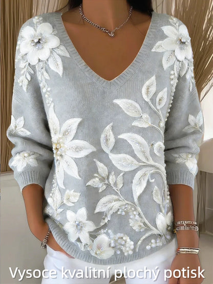 Dámské třpytky květinová tisk móda v krku svetr