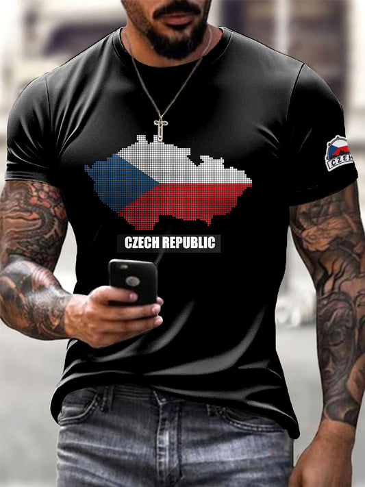 Pánské černé tričko v casual stylu s českou vlajkou