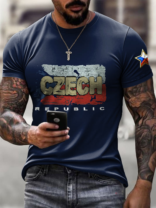 Pánské retro tričko v casual stylu s abstraktním motivem vlajky v uměleckém provedení