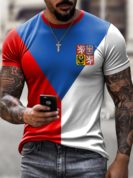 Pánské retro tričko v casual stylu s uměleckým patchworkem motivem vlajky
