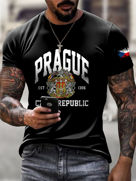 Pánské Vintage Tričko s Uměním Vintage Emblému Prahy