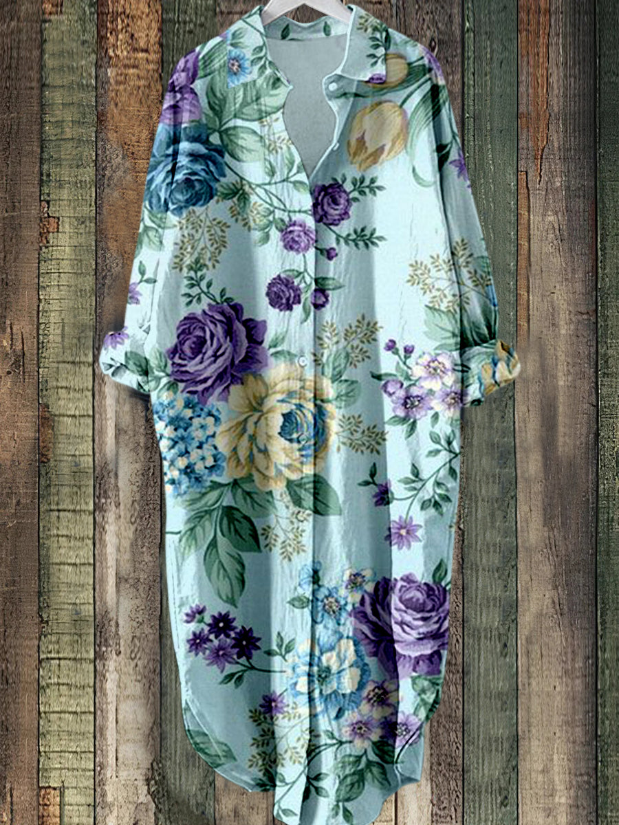 Elegant Floral Tryckt Vintage Chic Lång ärm Casual Loose Skjort klänning