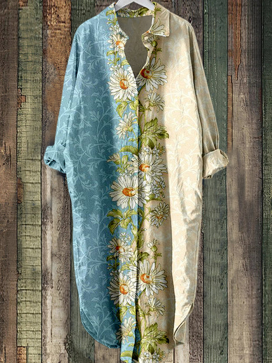 Elegant Floral Tryckt Vintage Chic Lång ärm Casual Loose Skjort klänning