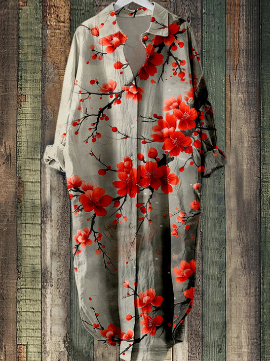 Elegant Floral Tryckt Vintage Chic Lång ärm Casual Loose Skjort klänning