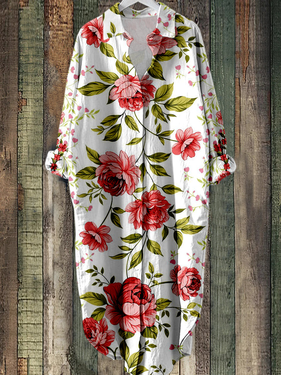 Elegant Floral Tryckt Vintage Chic Lång ärm Casual Loose Skjort klänning