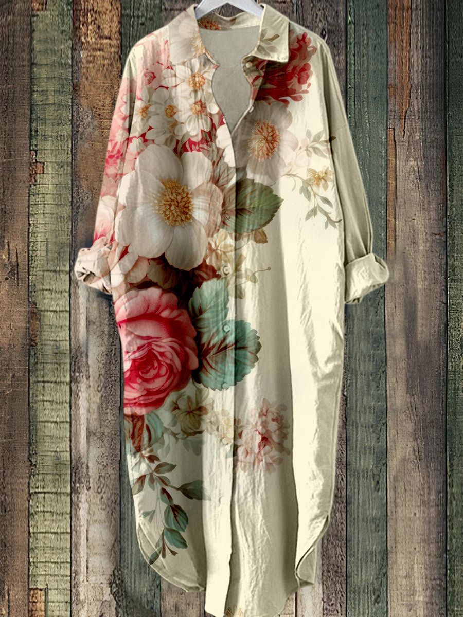 Elegant Floral Tryckt Vintage Chic Lång ärm Casual Loose Skjort klänning