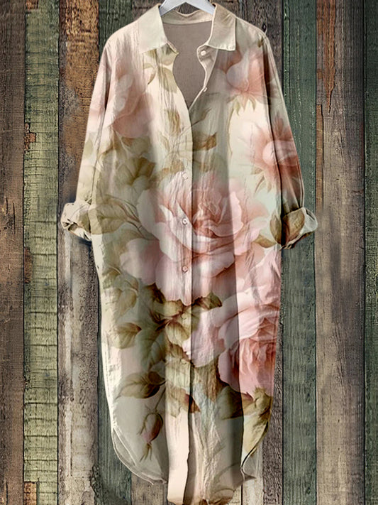 Elegant Floral Tryckt Vintage Chic Lång ärm Casual Loose Skjort klänning