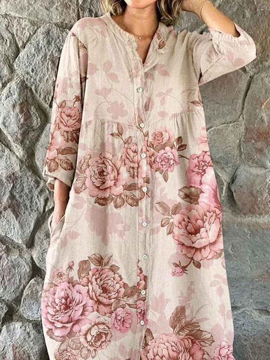 Vintage blomsterkonst utskrift Chic V-hals tre-kvartär ärmknapp upp Elegant Midi klänning