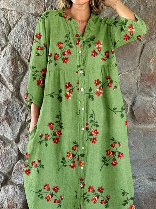 Vintage blomsterkonst utskrift Chic V-hals tre-kvartär ärmknapp upp Elegant Midi klänning