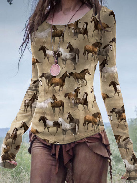 Kvinnors Vintage Western Wild Horse Print Casual T-shirt