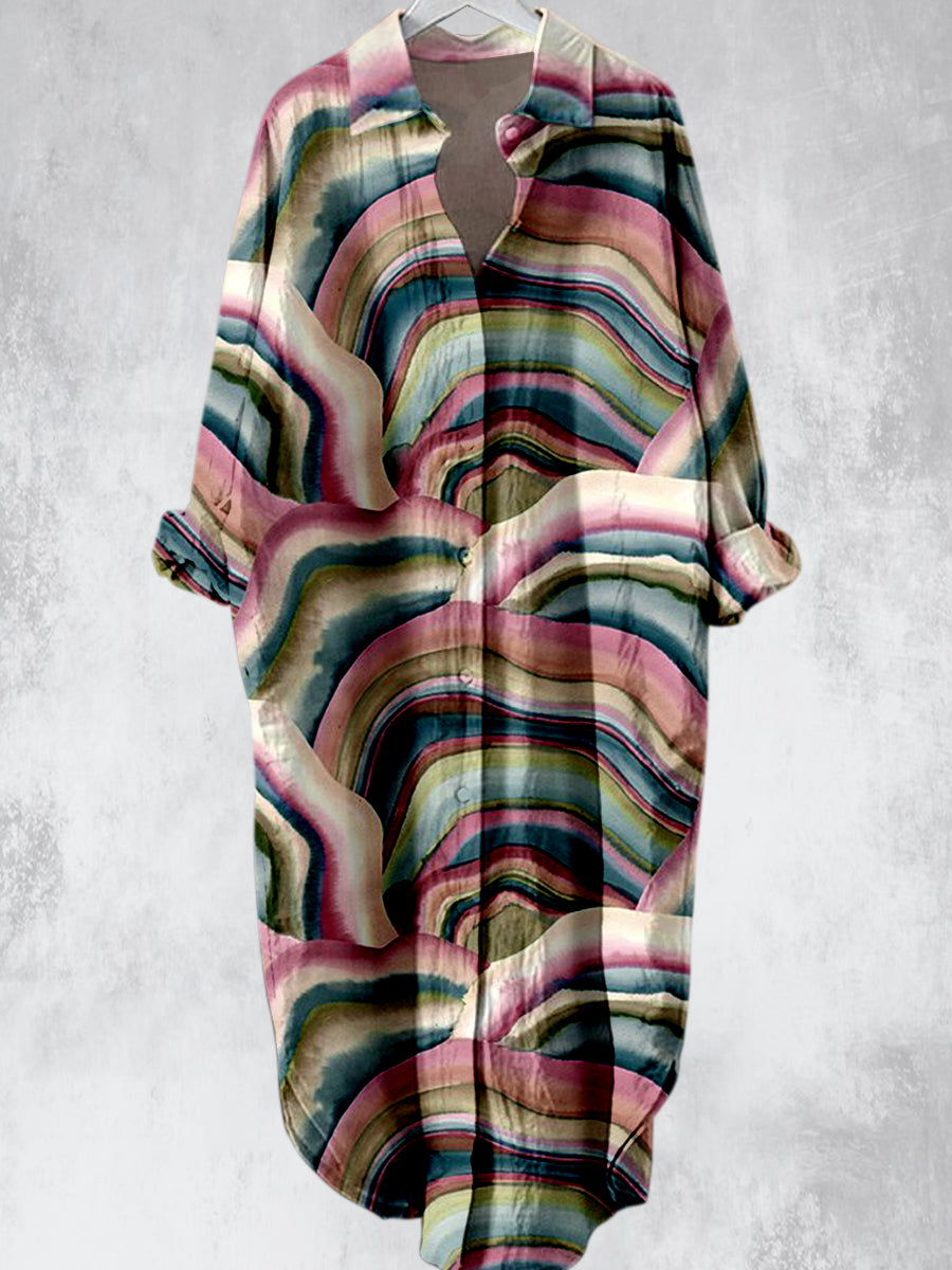 Elegant Abstract Tie-Dye tryckt V-hals lapel knapp loss Vintage Midi skjortklänning