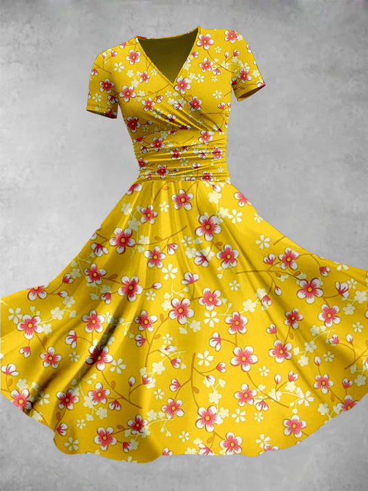 Elegant gul blomstertryckt V-hals 50s Vintage Fashion Kort ärm Midi Klänning