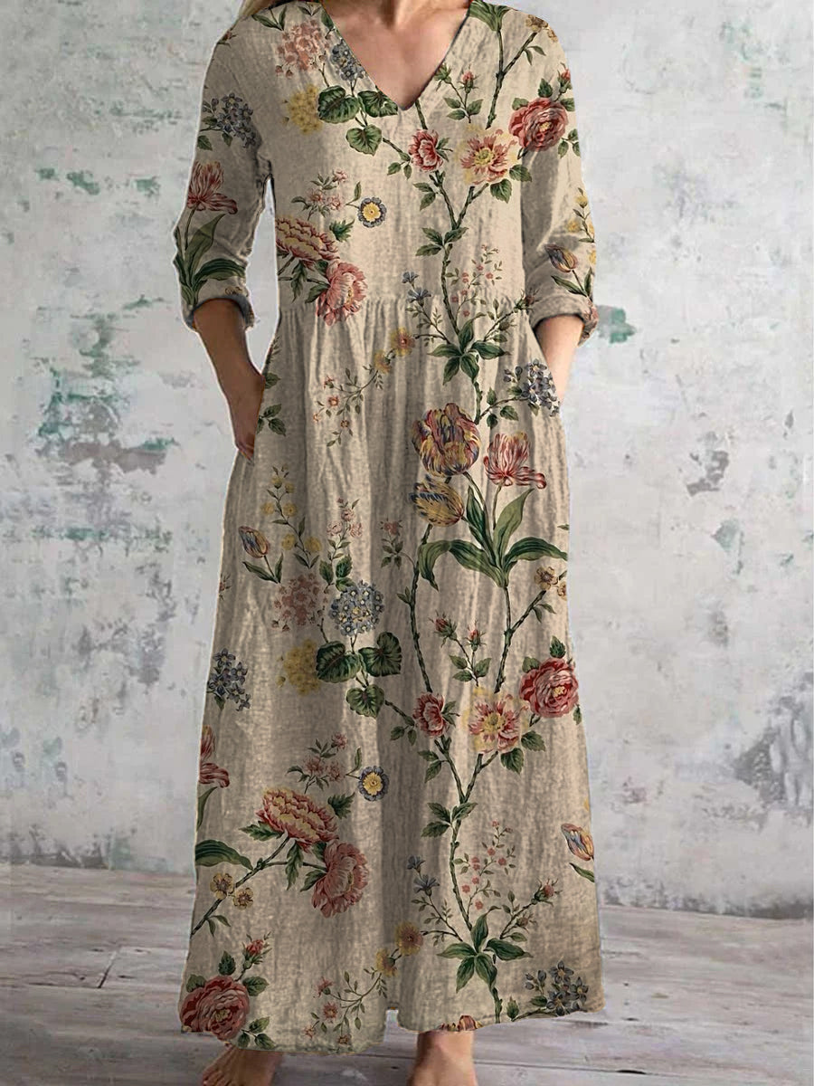 Vintage Floral konst tryckt Chic V-hals tre-kvartär ärm Elegant Midi klänning