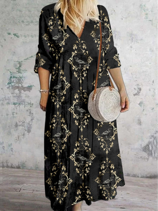 Boho Paisley Printed V hals Vintage Elegant lång ärm Midi Klänning