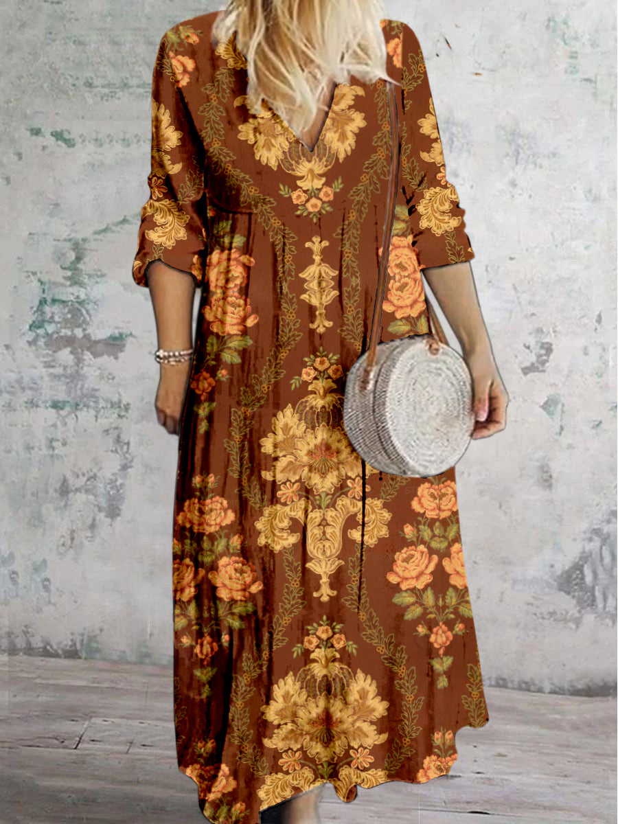 Boho Paisley Floral Printed V hals Vintage Elegant lång ärm Midi Klänning