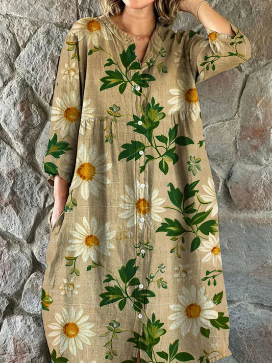 Vintage blomsterkonst utskrift Chic V-hals tre-kvartär ärmknapp upp Elegant Midi klänning