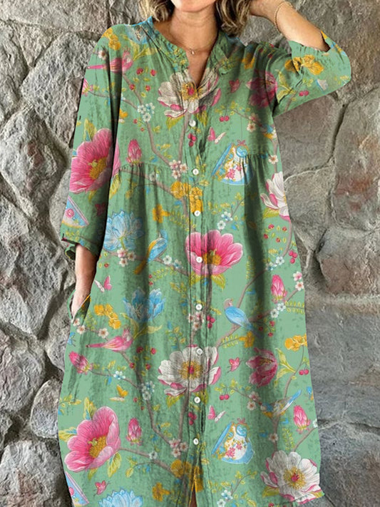 Vintage blomsterkonst utskrift Chic V-hals tre-kvartär ärmknapp upp Elegant Midi klänning