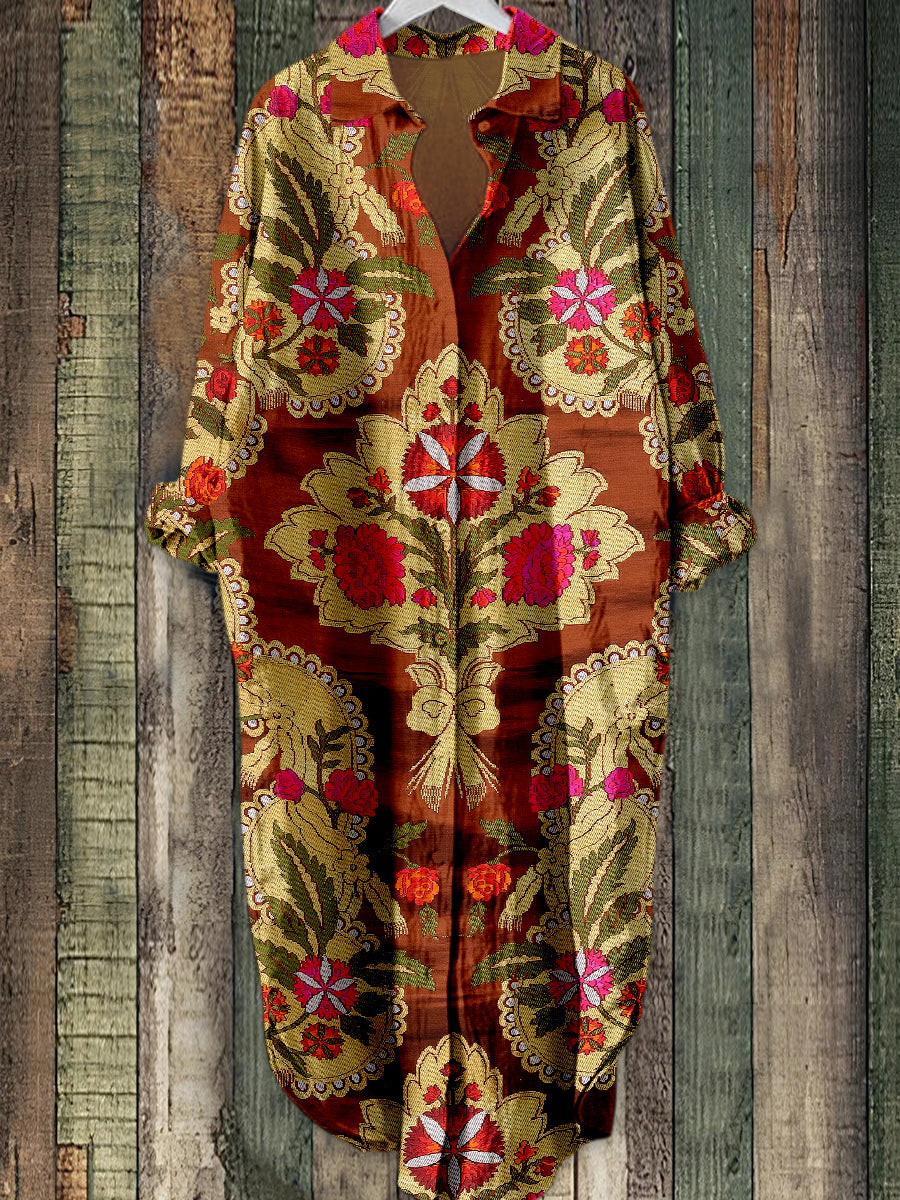 Boho Paisley Floral Tryckt Elegant Vintage lapel loss lång ärm Midi skjortklänning