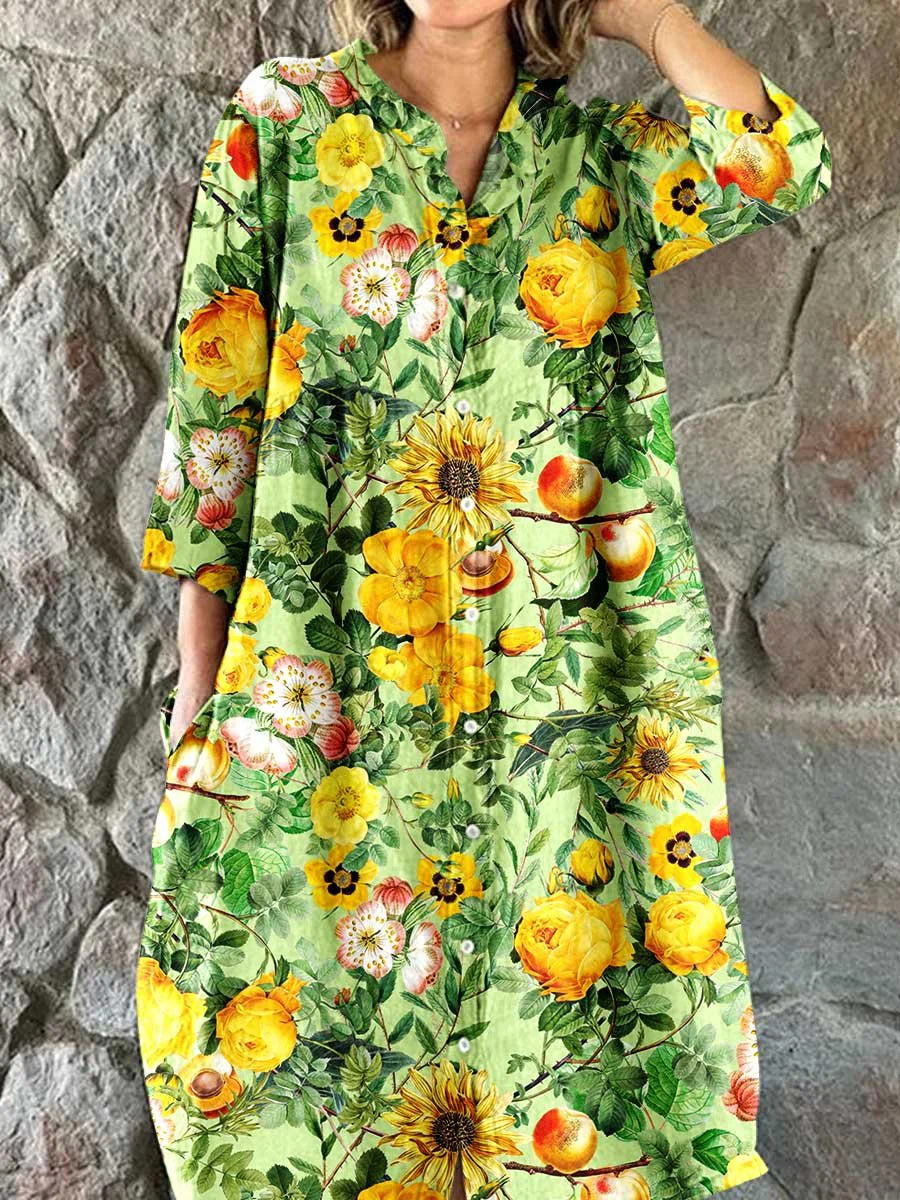 Retro blad blomstertryck Vintage Chic V-halsknapp upp lång ärm Midi klänning