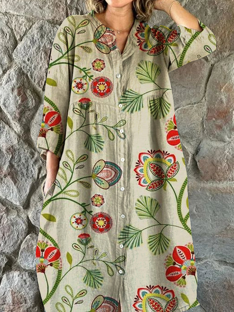 Vintage blomsterkonst utskrift Chic V-hals tre-kvartär ärmknapp upp Elegant Midi klänning