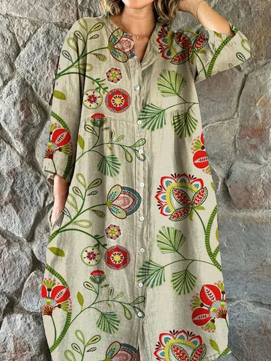 Vintage blomsterkonst utskrift Chic V-hals tre-kvartär ärmknapp upp Elegant Midi klänning