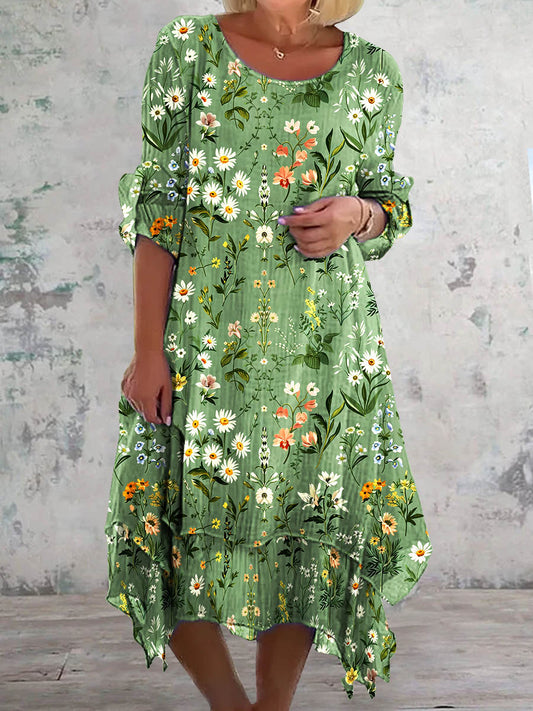 Retro Floral Art Print Chic tre kvarts ärm rund hals Elegant Midi Klänning