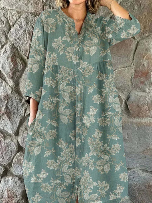 Vintage blomsterkonst utskrift Chic V-hals tre-kvartär ärmknapp upp Elegant Midi klänning