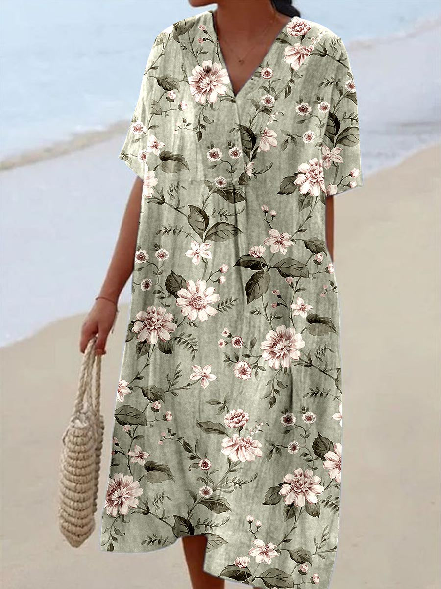 Elegant och Chic lös kortärmade Midi klänning med Vintage Floral Print V-hals