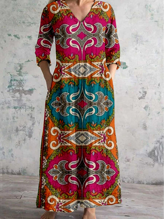 Boho Paisley Floral Printed V hals Vintage Elegant lång ärm Midi Klänning