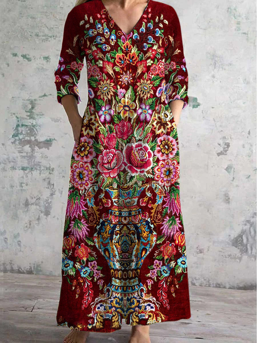 Boho Paisley Floral Printed V hals Vintage Elegant lång ärm Midi Klänning