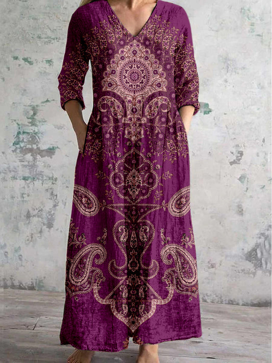 Boho Paisley Floral Printed V hals Vintage Elegant lång ärm Midi Klänning