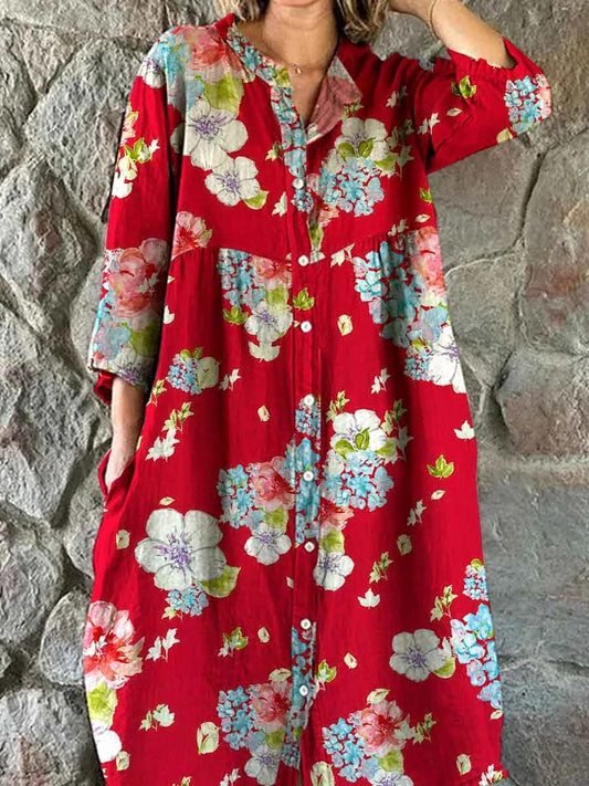 Boho Paisley Floral Print Vintage Chic V-halsknapp upp lång ärm Midi klänning