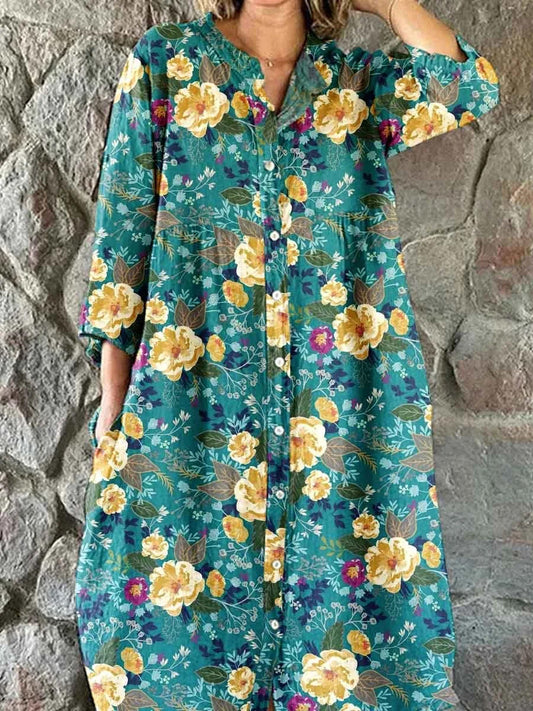 Boho Paisley Floral Print Vintage Chic V-halsknapp upp lång ärm Midi klänning