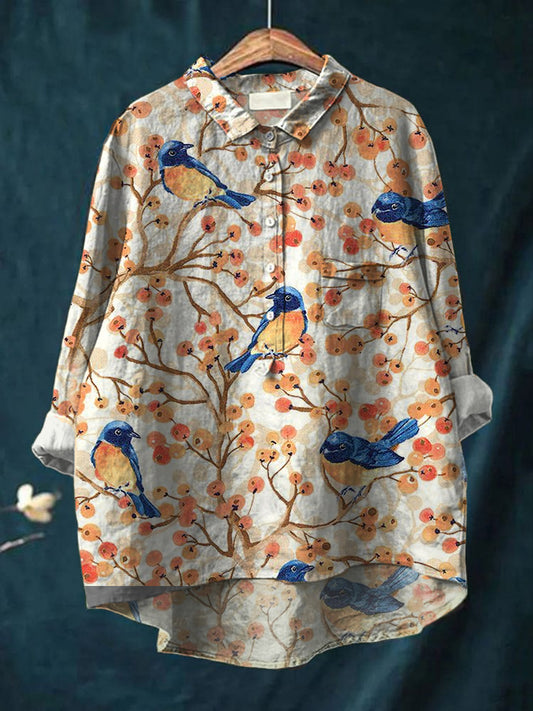 Kvinnors Vintage Robin Art Print Casual bomull och lin rund halsknapp Pocket Midi lång ärm tröj