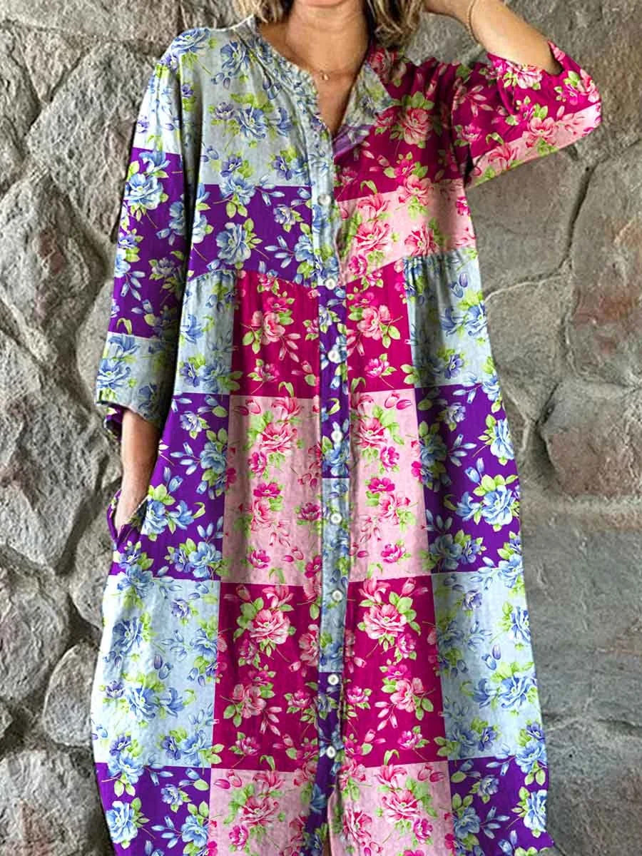 Boho Paisley Floral Print Vintage Chic V-halsknapp upp lång ärm Midi klänning