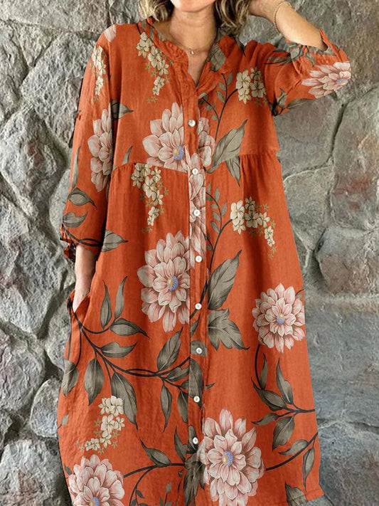 Boho Paisley Floral Print Vintage Chic V-halsknapp upp lång ärm Midi klänning