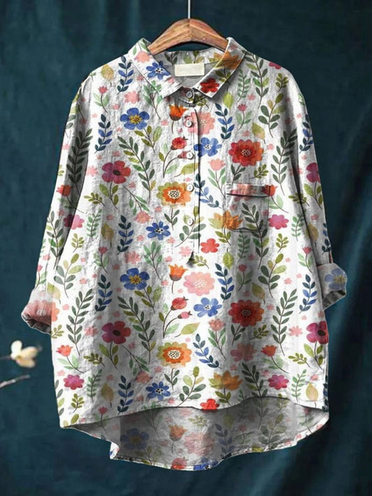 Retro Boho Floral konst tryckt rund halsknapp Pocket lin mitt lång ärm skjorta